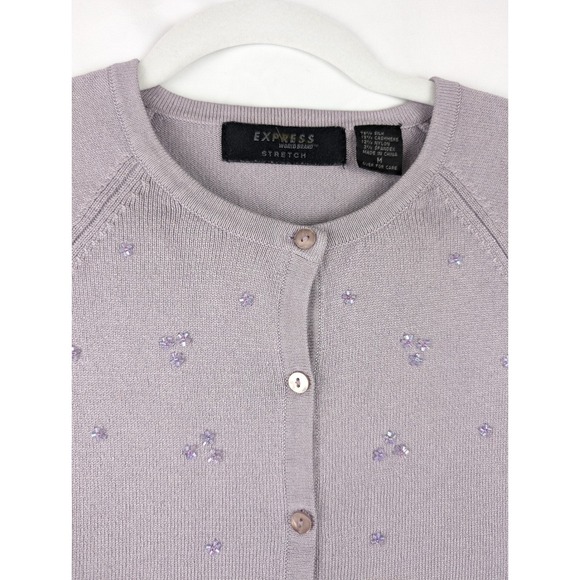 Express Silk Cashmere Lavender Beaded Cardigan Sweater M Cottagecore Fairy Twee - Picture 3 of 10